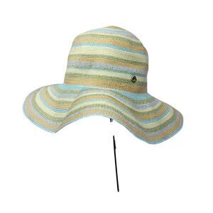 Flora Bella Pastel Floppy Wide Brim Straw Beach‎ Sun Hat Blue Green Striped